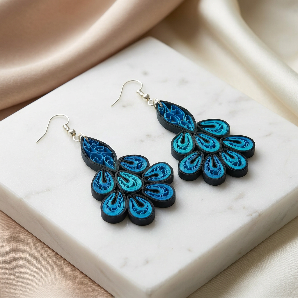KAGDI KALA Royal Neel Raj Mayur Earrings Pack Of 1 Pair Handcrafted Paper Quilling Peacock Inspired Ethnic Jewellery Elegant Festive Statement Fashion Collection