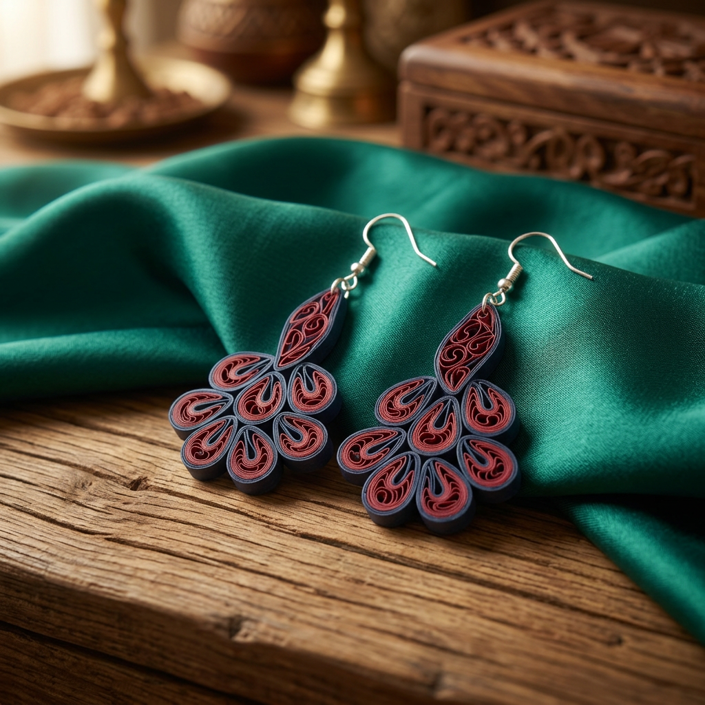 KAGDI KALA Royal Wine Red Black Mayur Earrings Pack Of 1 Pair Handcrafted Paper Quilling Peacock Inspired Ethnic Jewellery Elegant Festive Fashion Collection
