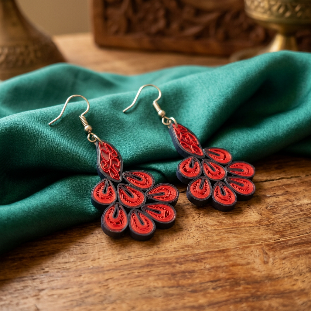 KAGDI KALA Royal Dark Grey Mayur Earrings Pack Of 1 Pair Handcrafted Paper Quilling Peacock Inspired Ethnic Jewellery Elegant Contemporary Fashion Collection