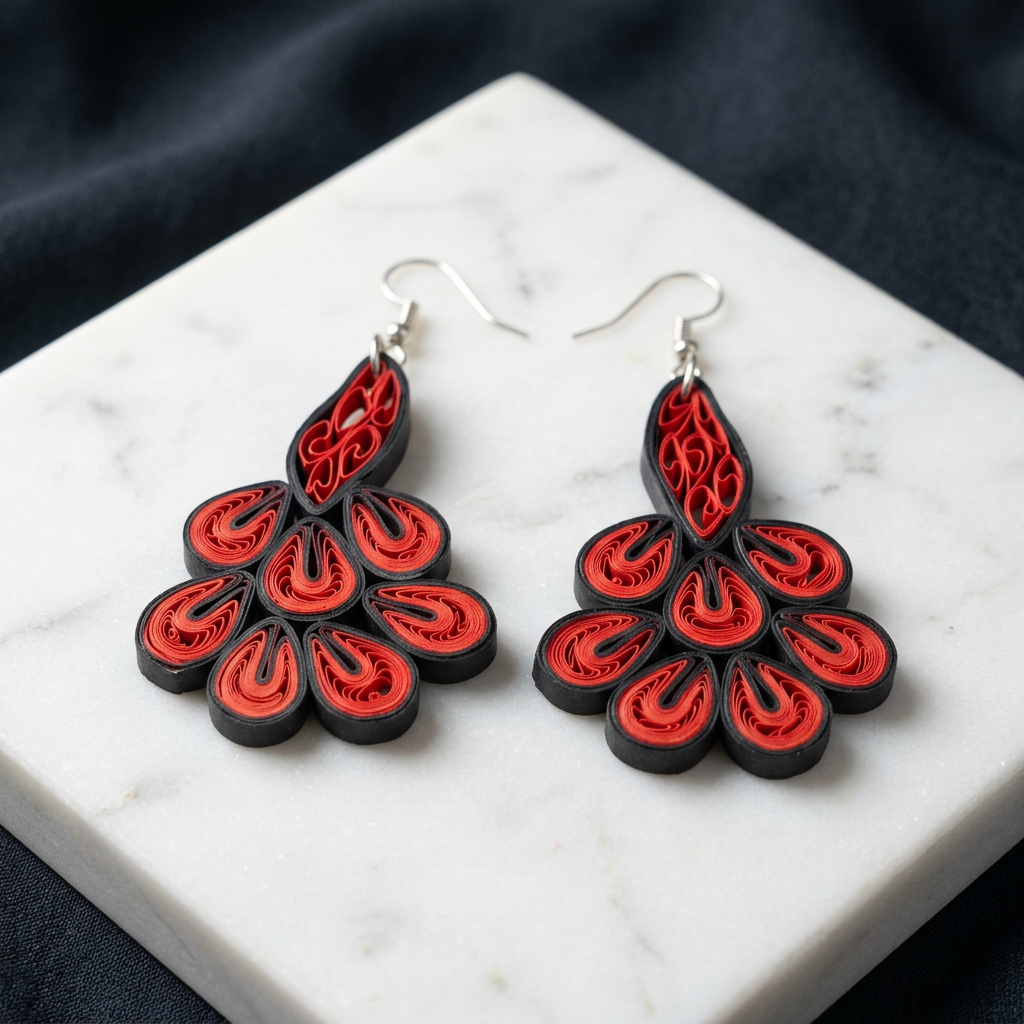 KAGDI KALA Royal Dark Grey Mayur Earrings Pack Of 1 Pair Handcrafted Paper Quilling Peacock Inspired Ethnic Jewellery Elegant Contemporary Fashion Collection