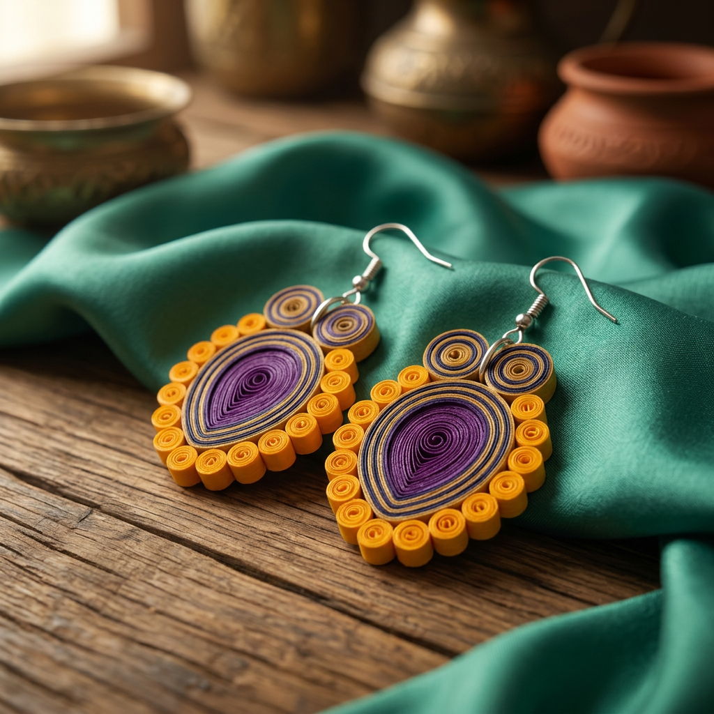 KAGDI KALA Amber Magenta Teardrops Shape Earrings Pack Of 1 Pair Handcrafted Paper Quilling Elegant Ethnic Jewellery Stylish Contemporary Fashion Collection