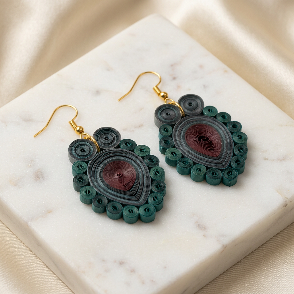 KAGDI KALA Emerald Teardrop Paper Quilling Earrings Pack Of 1 Pair Handcrafted Ethnic Fashion Jewellery Elegant Contemporary Artisan Collection Premium Design