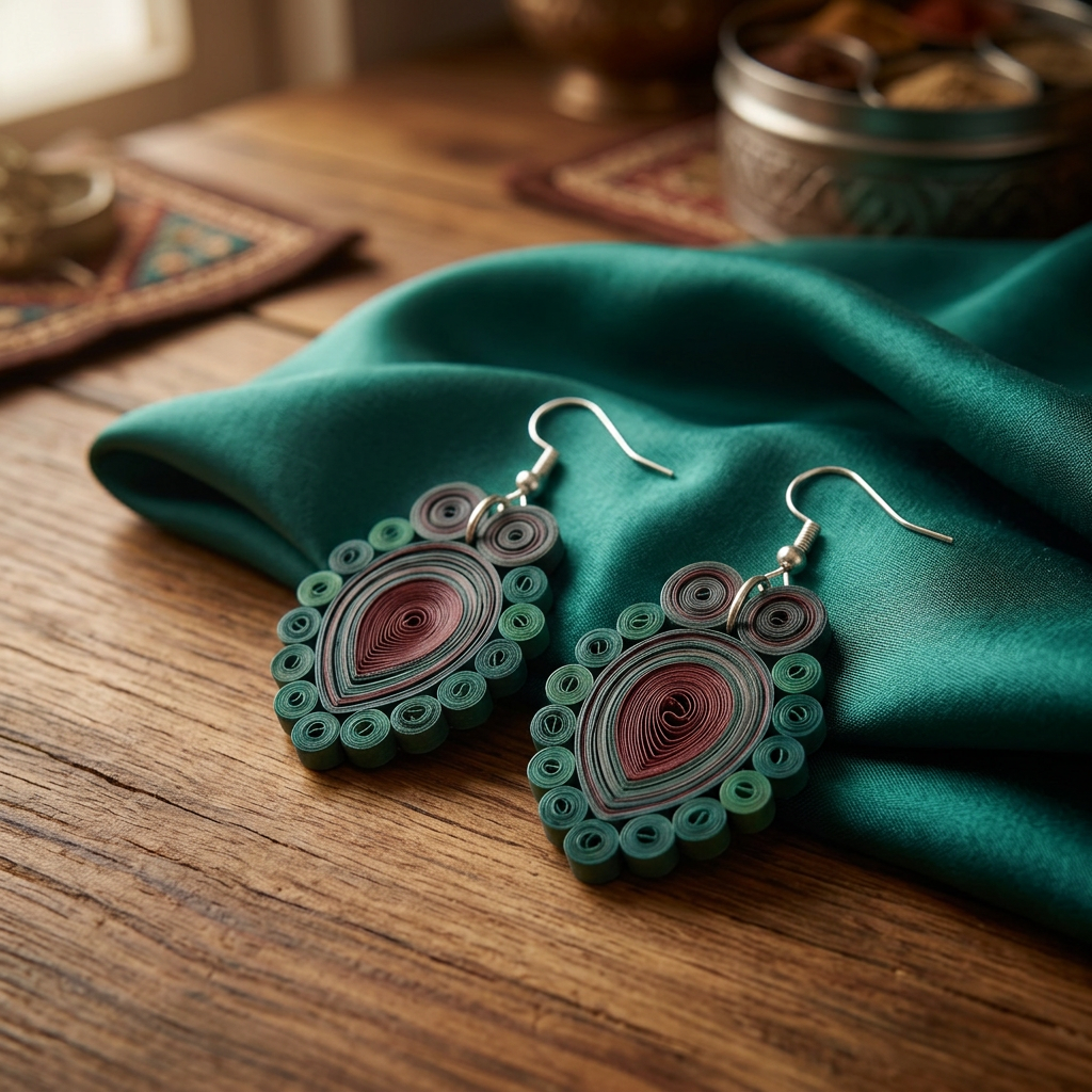 KAGDI KALA Emerald Teardrop Paper Quilling Earrings Pack Of 1 Pair Handcrafted Ethnic Fashion Jewellery Elegant Contemporary Artisan Collection Premium Design