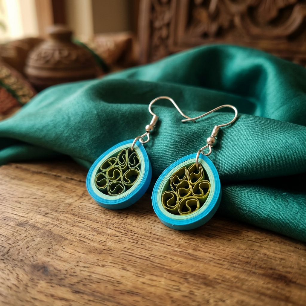 KAGDI KALA Sky Blue Green Teardrops Earrings Pack Of 1 Pair Handcrafted Paper Quilling Ethnic Fashion Jewellery Elegant Contemporary Artisan Collection Premium