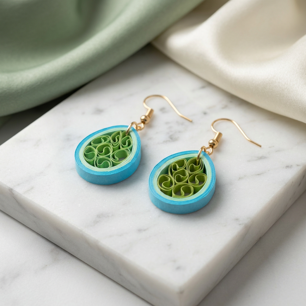 KAGDI KALA Sky Blue Green Teardrops Earrings Pack Of 1 Pair Handcrafted Paper Quilling Ethnic Fashion Jewellery Elegant Contemporary Artisan Collection Premium