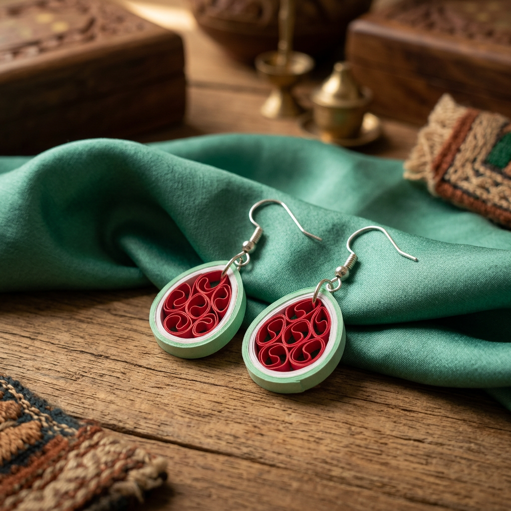 KAGDI KALA Magenta Green Teardrops Earrings Pack Of 1 Pair Handcrafted Paper Quilling Ethnic Fashion Jewellery Elegant Contemporary Artisan Collection Premium
