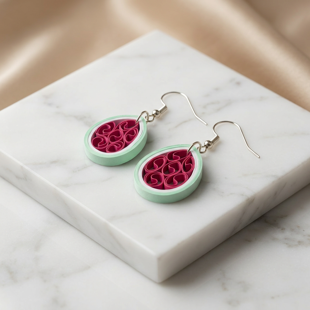 KAGDI KALA Magenta Green Teardrops Earrings Pack Of 1 Pair Handcrafted Paper Quilling Ethnic Fashion Jewellery Elegant Contemporary Artisan Collection Premium