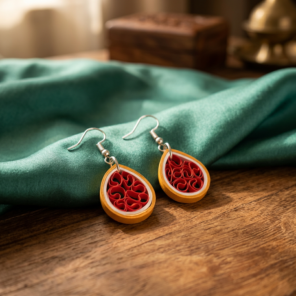 KAGDI KALA Magenta Brown Teardrops Earrings Pack Of 1 Pair Handcrafted Paper Quilling Ethnic Fashion Jewellery Elegant Contemporary Artisan Collection Premium