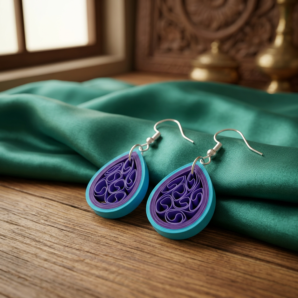 KAGDI KALA Sea Blue Purple Teardrops Earrings Pack Of 1 Pair Handcrafted Paper Quilling Ethnic Fashion Jewellery Elegant Contemporary Artisan Collection Premium
