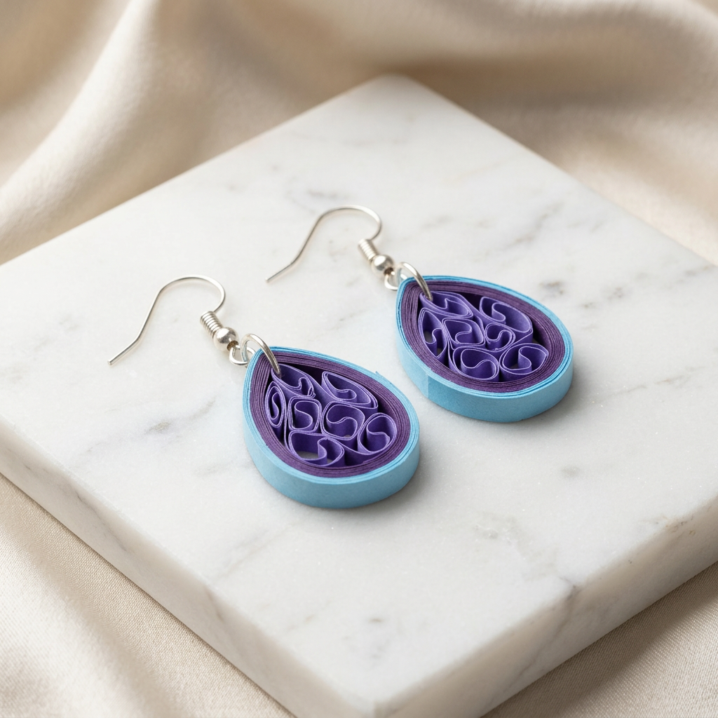 KAGDI KALA Sea Blue Purple Teardrops Earrings Pack Of 1 Pair Handcrafted Paper Quilling Ethnic Fashion Jewellery Elegant Contemporary Artisan Collection Premium