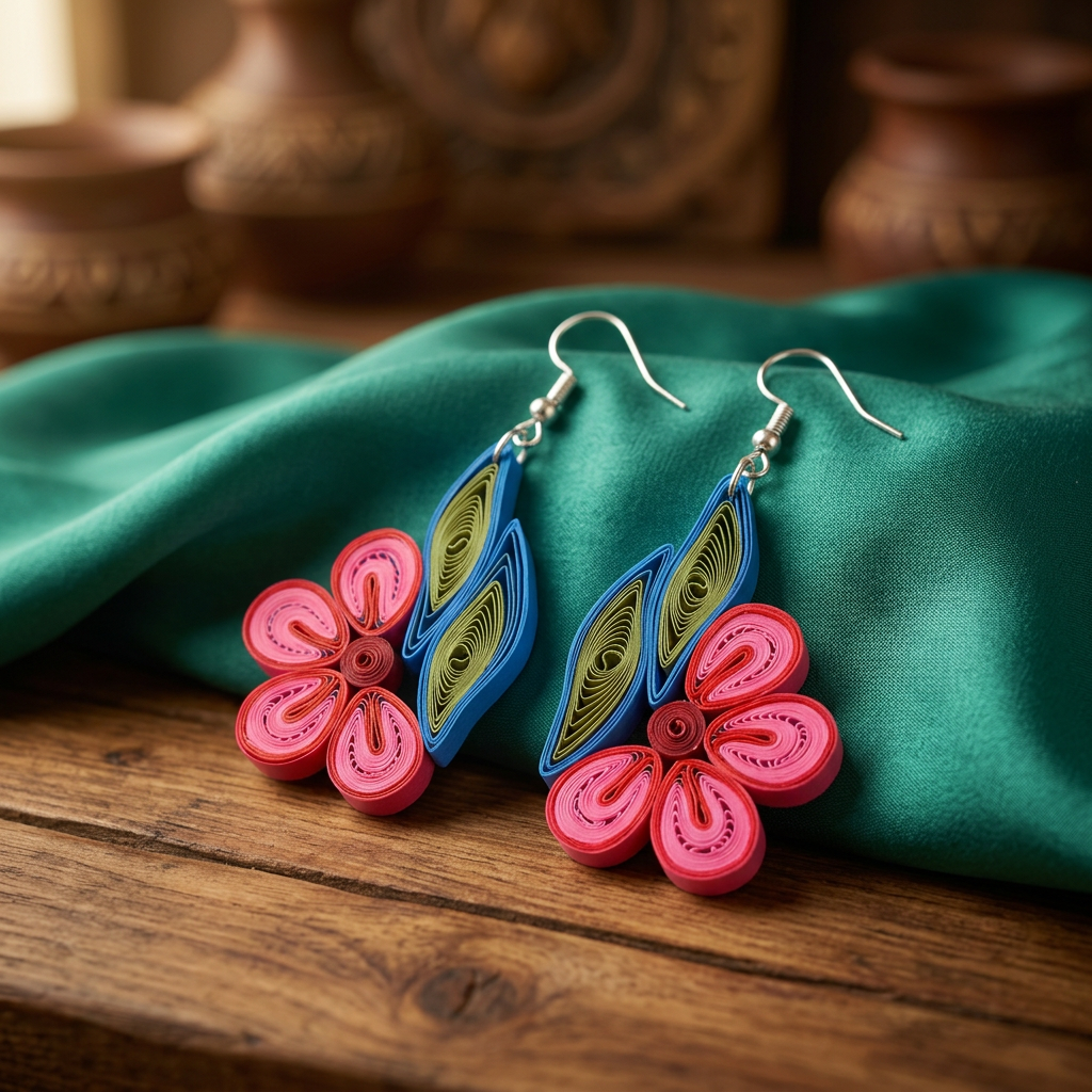 KAGDI KALA Dark Pink Floral and Leaf Earrings Pack Of 1 Pair Handcrafted Paper Quilling Ethnic Fashion Jewellery Elegant Artisan Collection Premium
