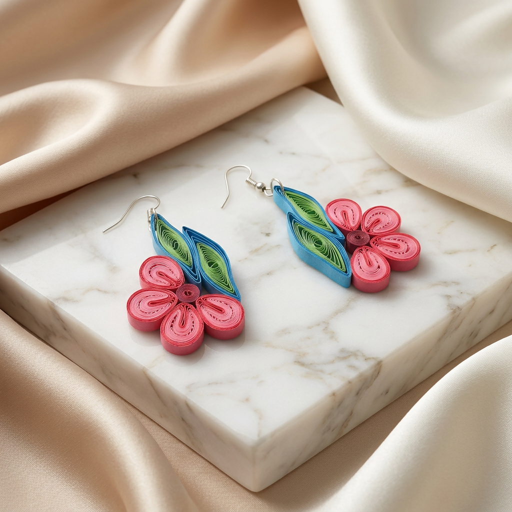 KAGDI KALA Dark Pink Floral and Leaf Earrings Pack Of 1 Pair Handcrafted Paper Quilling Ethnic Fashion Jewellery Elegant Artisan Collection Premium