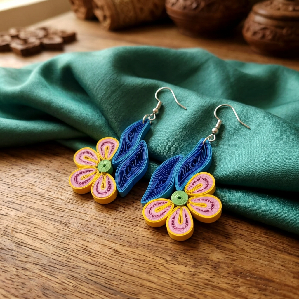 KAGDI KALA Pink Blue Floral and Leaf Earrings Pack Of 1 Pair Handcrafted Paper Quilling Ethnic Fashion Jewellery Elegant Contemporary Artisan Collection Premium