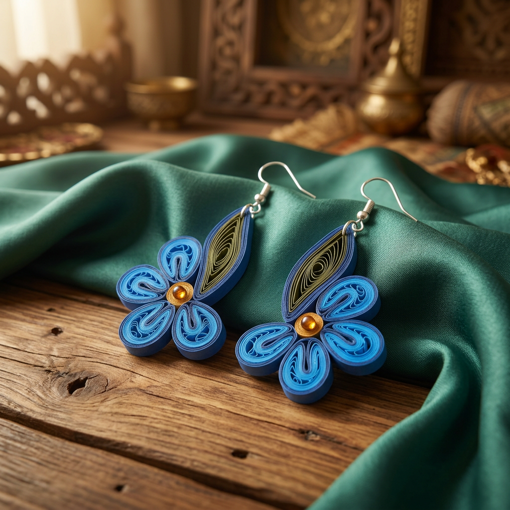 KAGDI KALA Blue Floral and Leaf Earrings Pack Of 1 Pair Handcrafted Paper Quilling Ethnic Fashion Jewellery Elegant Contemporary Artisan Collection Premium