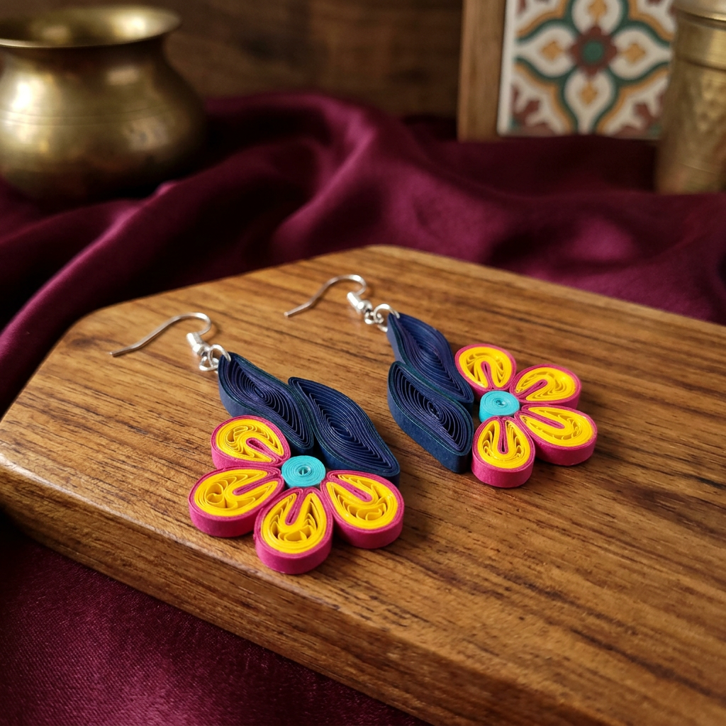 KAGDI KALA Yellow Navy Blue Floral and Leaf Earrings Pack Of 1 Pair Handcrafted Paper Quilling Ethnic Fashion Jewellery Elegant Contemporary Artisan Collection Premium
