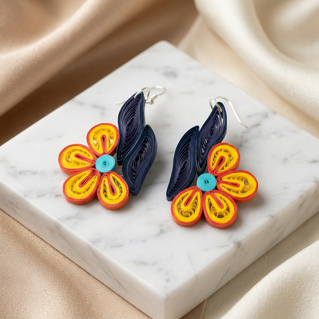 KAGDI KALA Yellow Navy Blue Floral and Leaf Earrings Pack Of 1 Pair Handcrafted Paper Quilling Ethnic Fashion Jewellery Elegant Contemporary Artisan Collection Premium