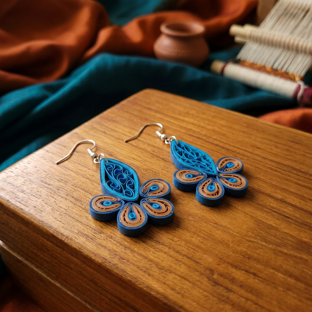 KAGDI KALA Brown Navy Blue Floral and Leaf Earrings Pack Of 1 Pair Handcrafted Paper Quilling Ethnic Fashion Jewellery Elegant Contemporary Artisan Collection Premium