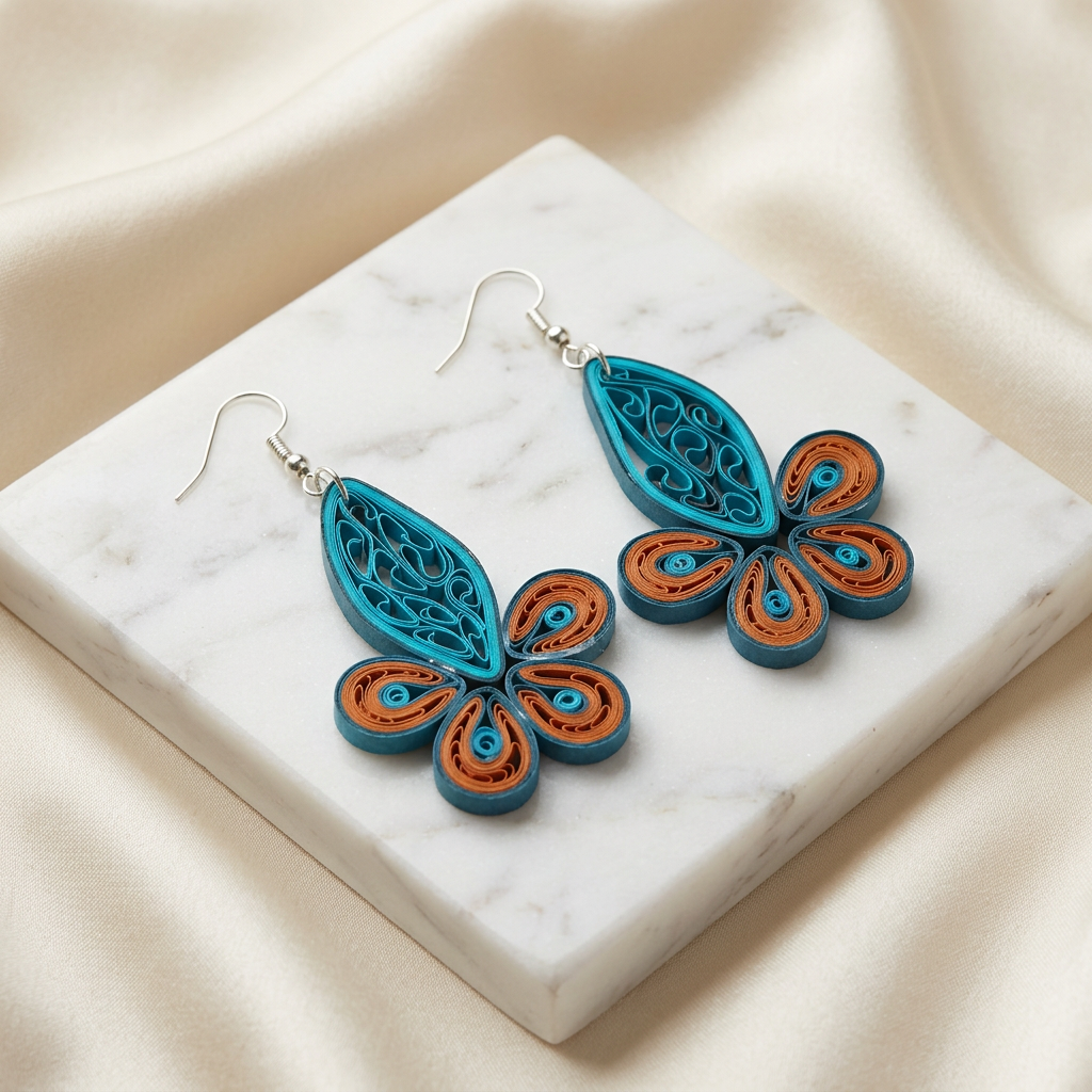 KAGDI KALA Brown Navy Blue Floral and Leaf Earrings Pack Of 1 Pair Handcrafted Paper Quilling Ethnic Fashion Jewellery Elegant Contemporary Artisan Collection Premium