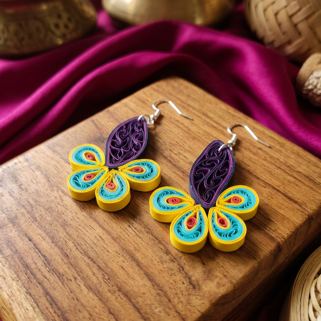 KAGDI KALA Yellow Purple Floral and Leaf Earrings Pack Of 1 Pair Handcrafted Paper Quilling Ethnic Fashion Jewellery Elegant Contemporary Artisan Collection Premium