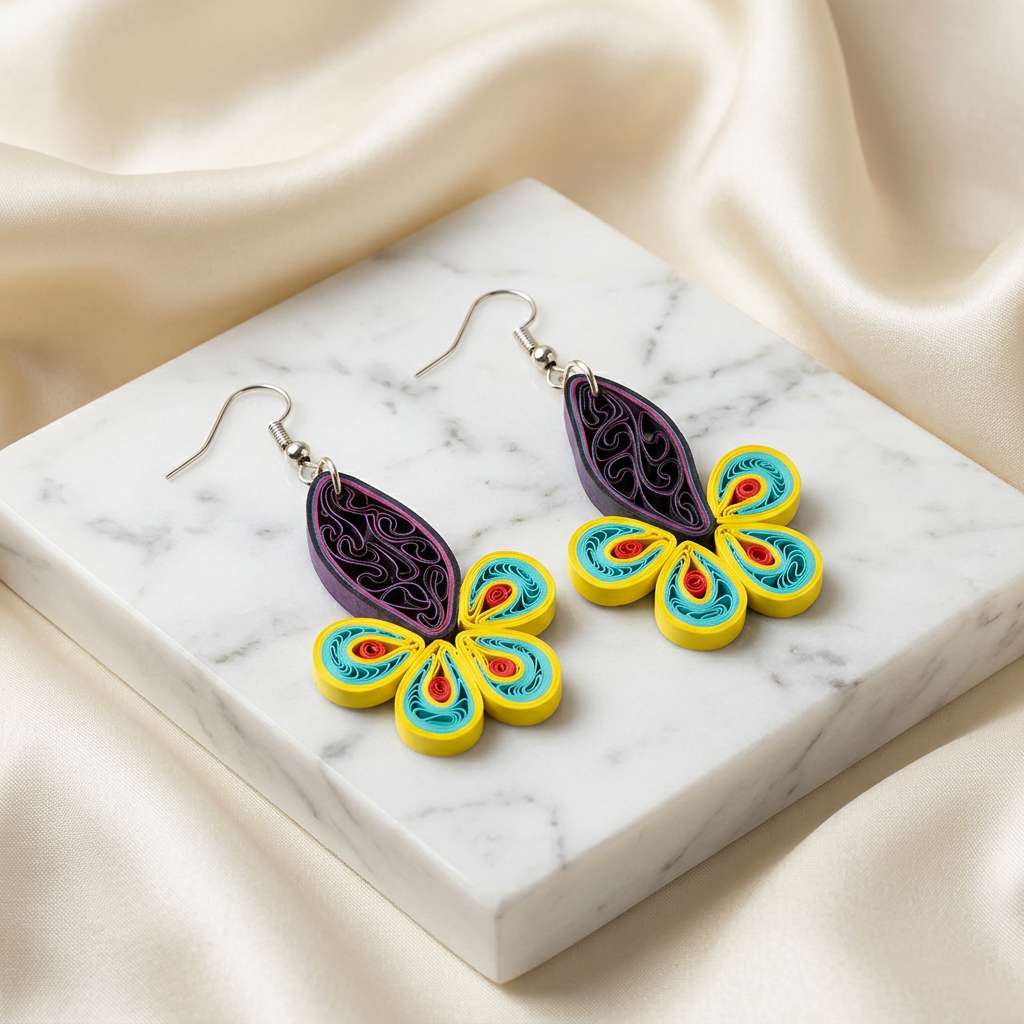 KAGDI KALA Yellow Purple Floral and Leaf Earrings Pack Of 1 Pair Handcrafted Paper Quilling Ethnic Fashion Jewellery Elegant Contemporary Artisan Collection Premium