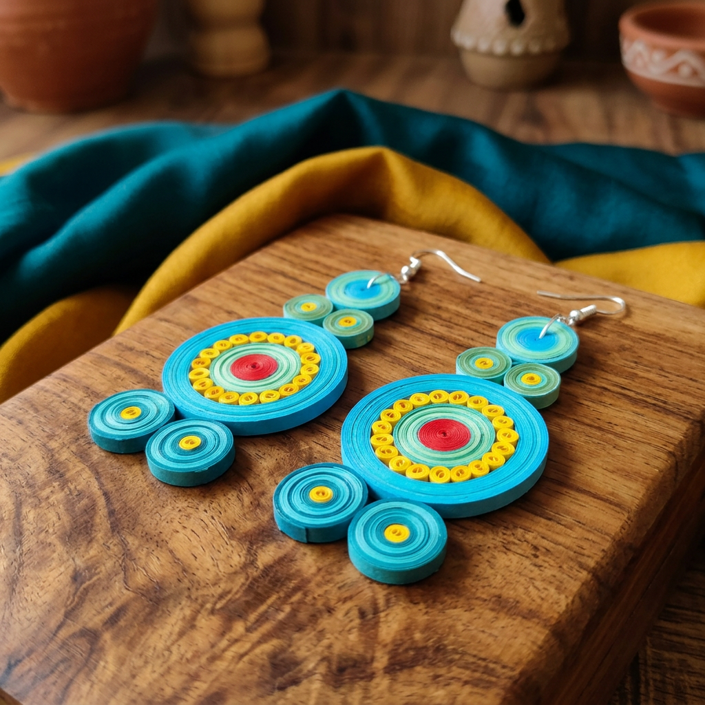 KAGDI KALA Yellow Blue Mandala Earrings Pack Of 1 Pair Handcrafted Paper Quilling Ethnic Fashion Jewellery Elegant Contemporary Artisan Collection Premium