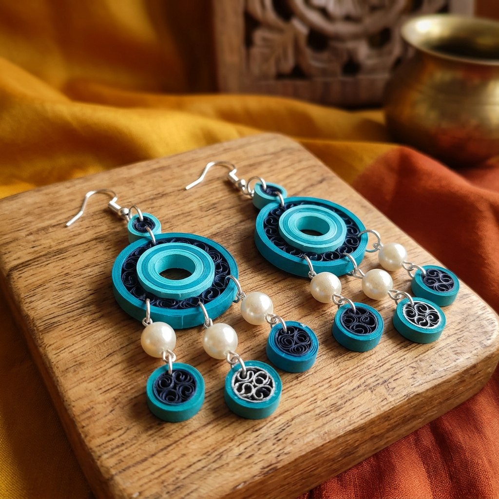 KAGDI KALA Ocean Blue Multi Circle Dangle Earrings Pack Of 1 Pair Handcrafted Paper Quilling Ethnic Fashion Jewellery Elegant Contemporary Artisan Collection Premium