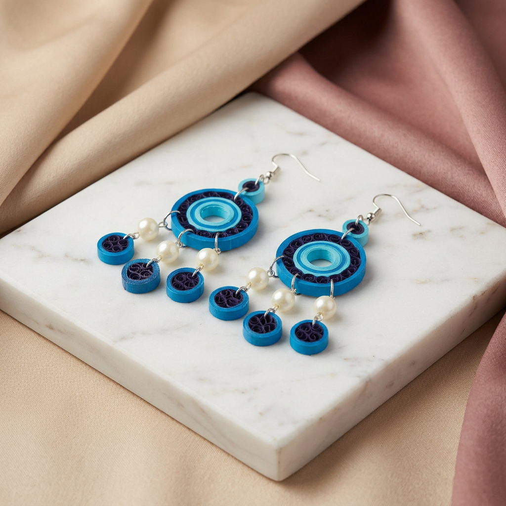 KAGDI KALA Ocean Blue Multi Circle Dangle Earrings Pack Of 1 Pair Handcrafted Paper Quilling Ethnic Fashion Jewellery Elegant Contemporary Artisan Collection Premium