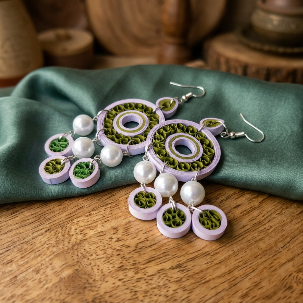 KAGDI KALA White Green Multi Circle Dangle Earrings Pack Of 1 Pair Handcrafted Paper Quilling Ethnic Fashion Jewellery Elegant Contemporary Artisan Collection Premium