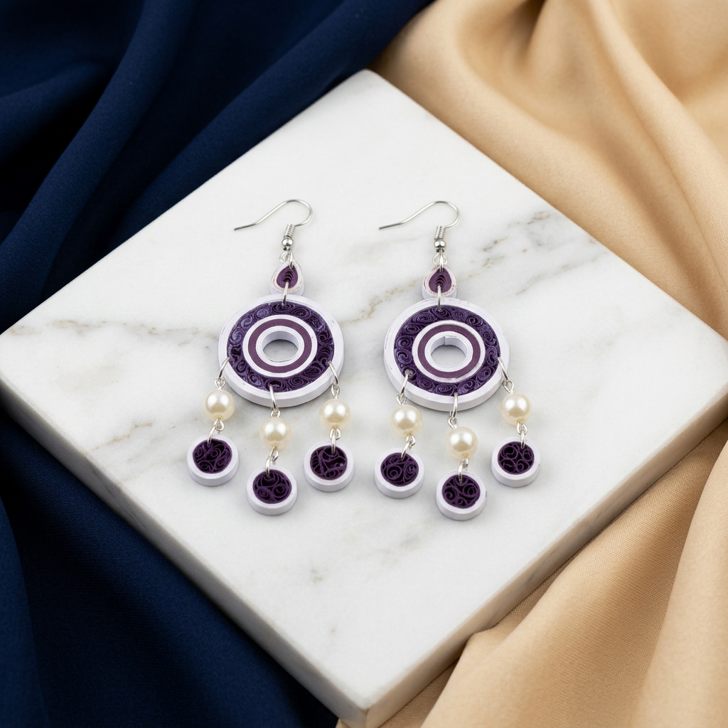 KAGDI KALA Purple White Paper Quilling Earrings Pack Of 1 Pair Handcrafted Multi Circle Dangle Ethnic Fashion Jewellery Elegant Contemporary Artisan Collection Premium