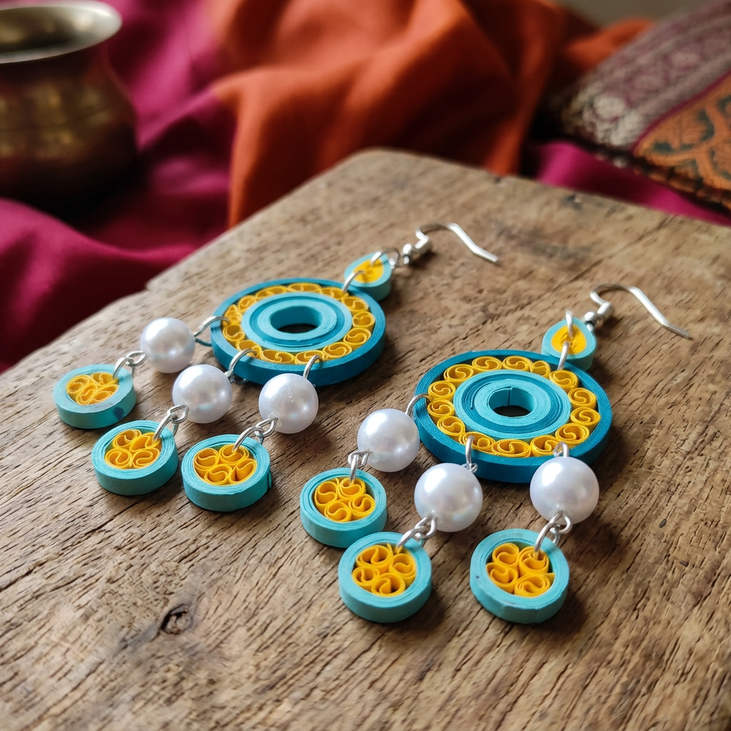 KAGDI KALA Blue Yellow Multi Circle Dangle Earrings Pack Of 1 Pair Handcrafted Paper Quilling Ethnic Fashion Jewellery Elegant Contemporary Artisan Collection Premium