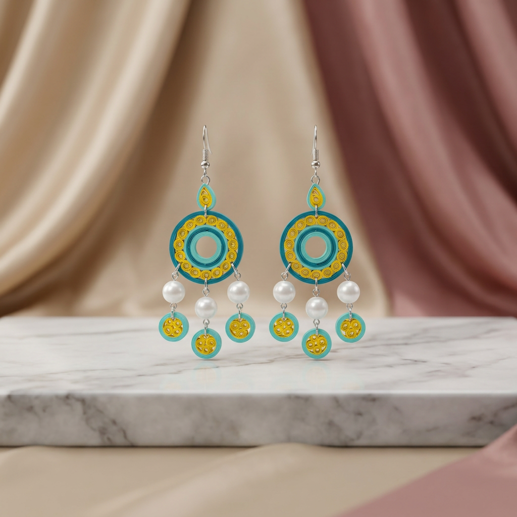 KAGDI KALA Blue Yellow Multi Circle Dangle Earrings Pack Of 1 Pair Handcrafted Paper Quilling Ethnic Fashion Jewellery Elegant Contemporary Artisan Collection Premium