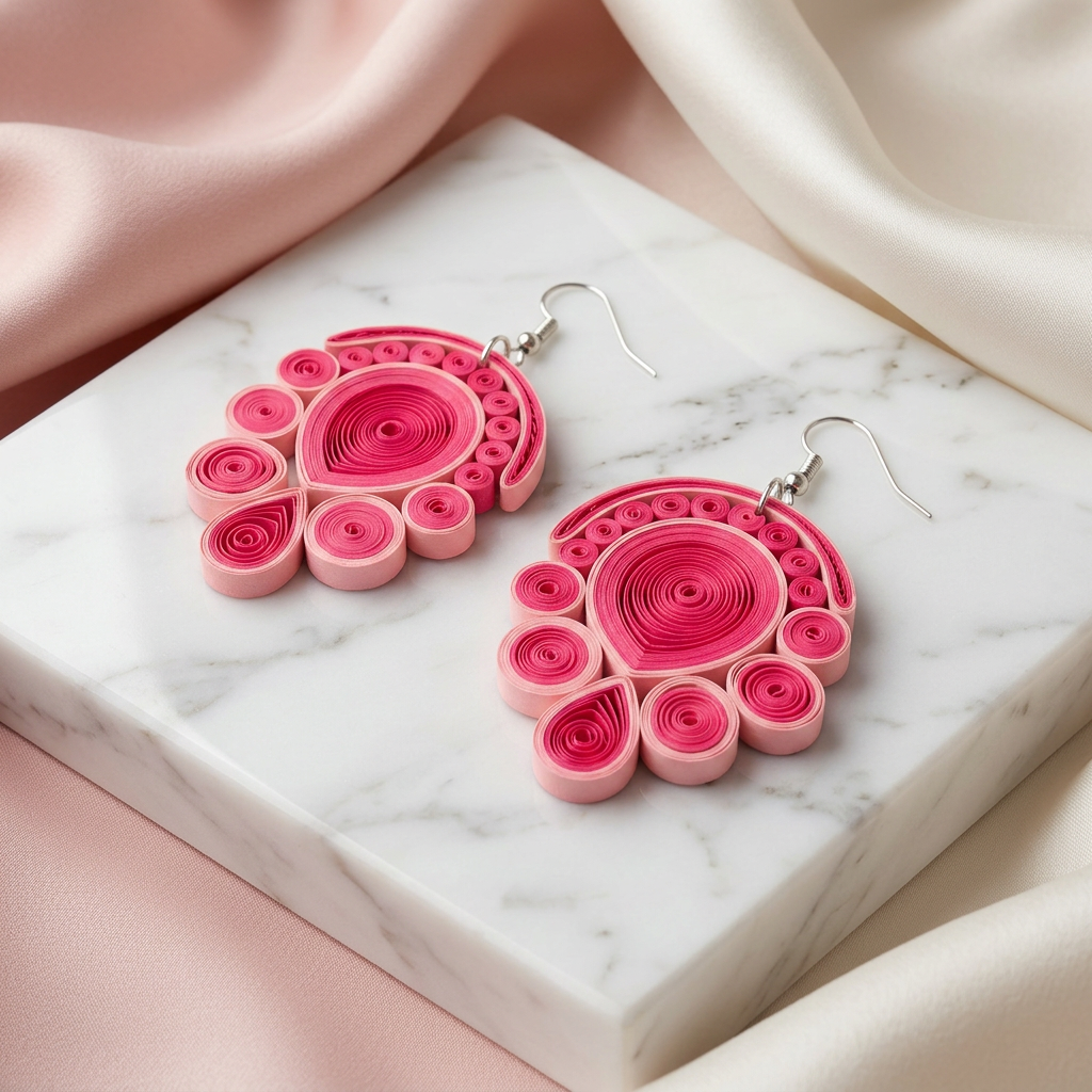 KAGDI KALA Rosy Pink Floral Petals Earrings Pack Of 1 Pair Handcrafted Paper Quilling Ethnic Fashion Jewellery Elegant Contemporary Artisan Collection Premium