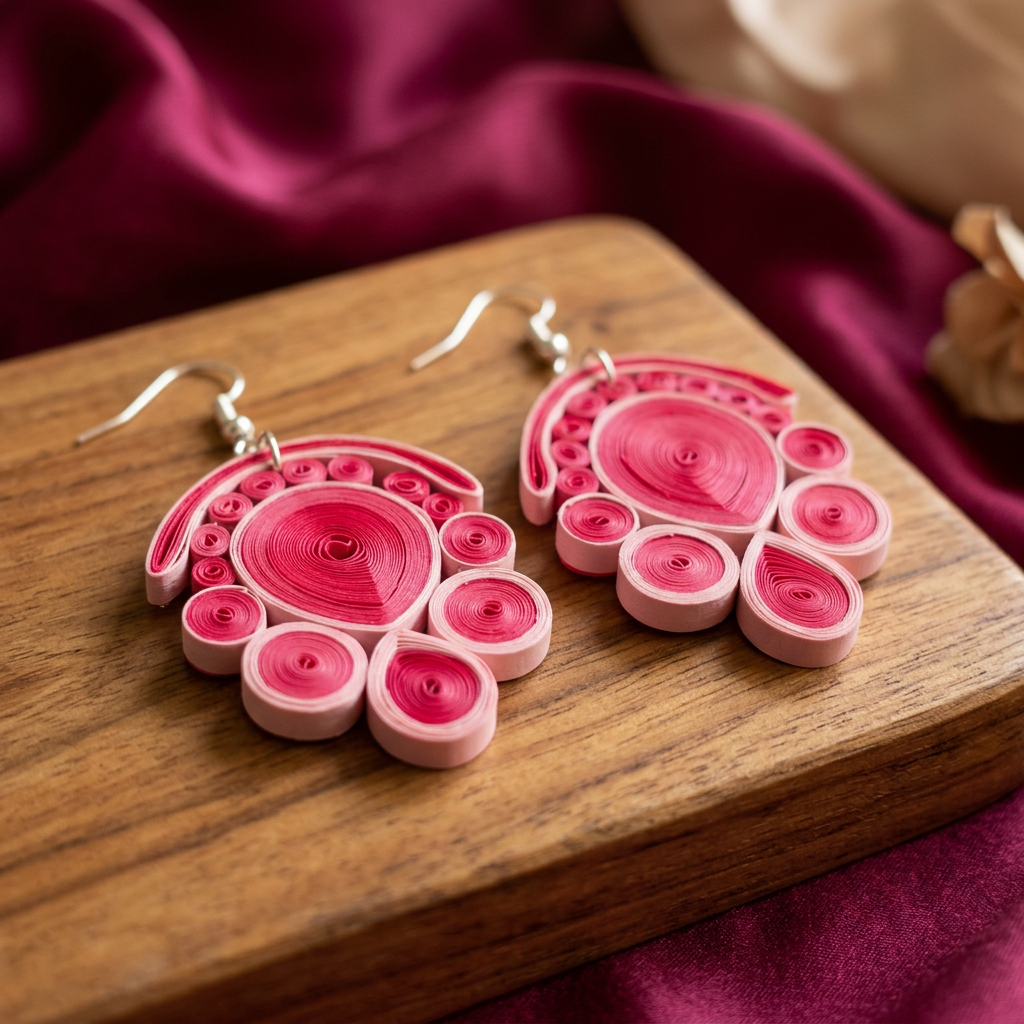KAGDI KALA Rosy Pink Floral Petals Earrings Pack Of 1 Pair Handcrafted Paper Quilling Ethnic Fashion Jewellery Elegant Contemporary Artisan Collection Premium