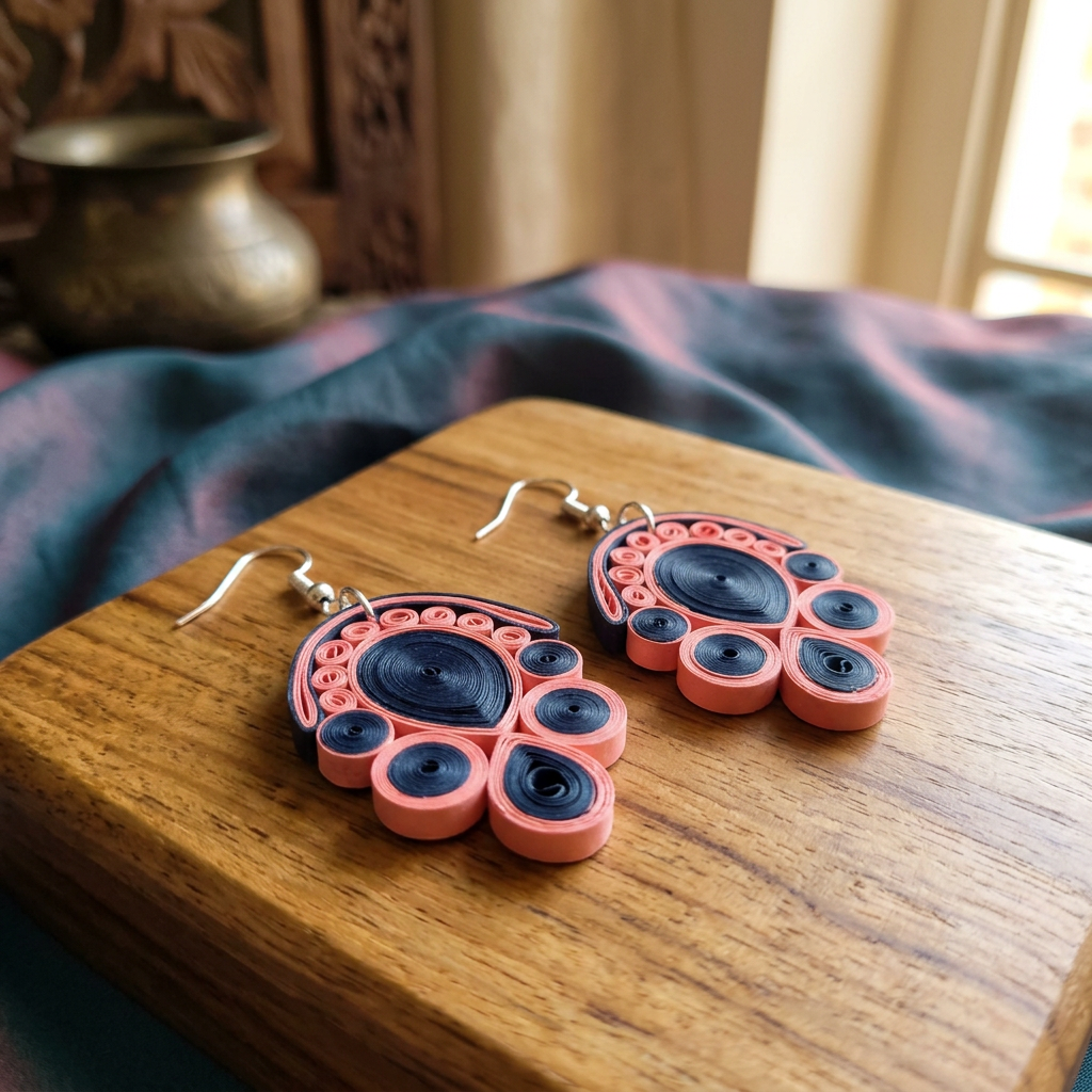 KAGDI KALA Ruby Light Pink Floral Petals Earrings Pack Of 1 Pair Handcrafted Paper Quilling Ethnic Fashion Jewellery Elegant Contemporary Artisan Collection Premium