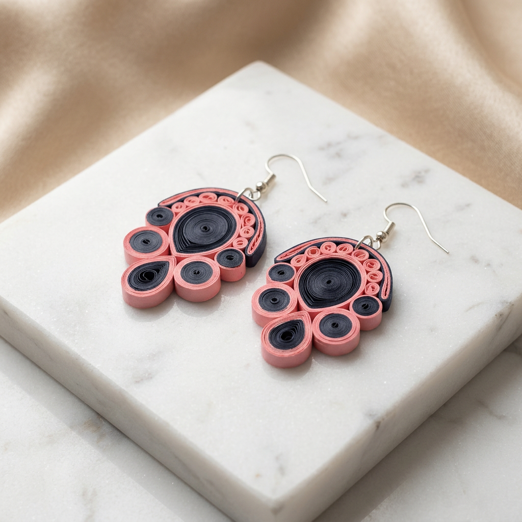 KAGDI KALA Ruby Light Pink Floral Petals Earrings Pack Of 1 Pair Handcrafted Paper Quilling Ethnic Fashion Jewellery Elegant Contemporary Artisan Collection Premium