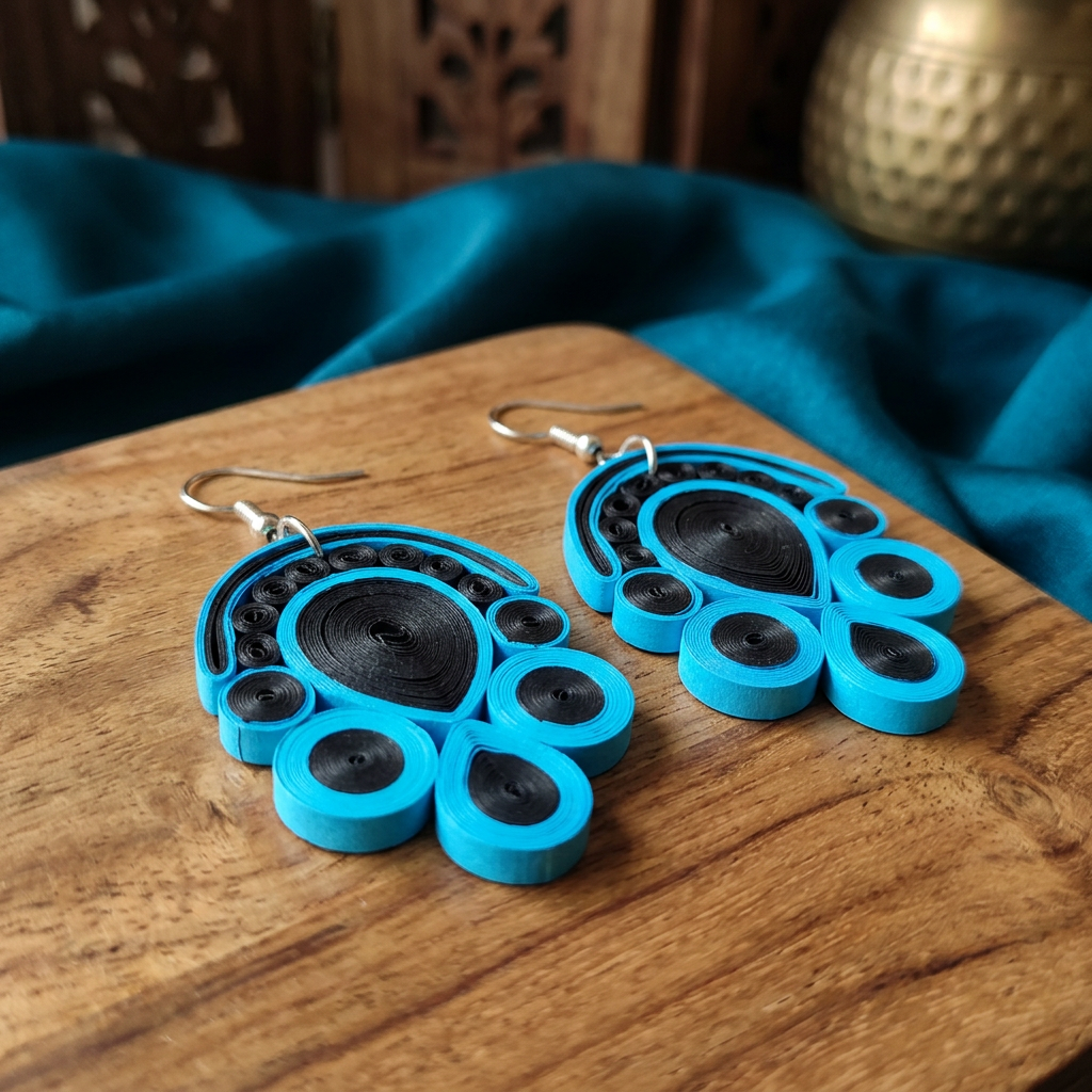 KAGDI KALA Peacock Dark Floral Petals Earrings Pack Of 1 Pair Handcrafted Paper Quilling Ethnic Fashion Jewellery Elegant Contemporary Artisan Collection Premium