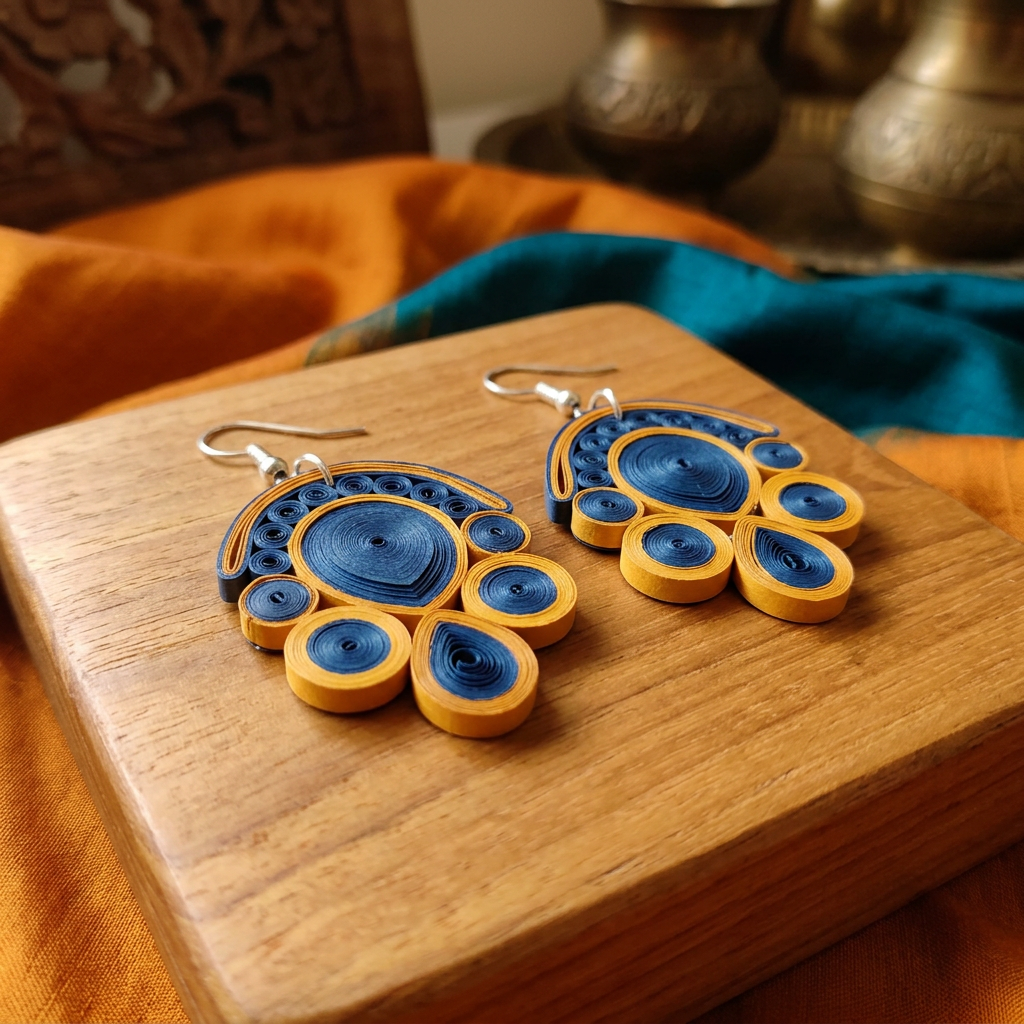 KAGDI KALA Midnight Gold Floral Petals Earrings Pack Of 1 Pair Handcrafted Paper Quilling Ethnic Fashion Jewellery Elegant Contemporary Artisan Collection Premium