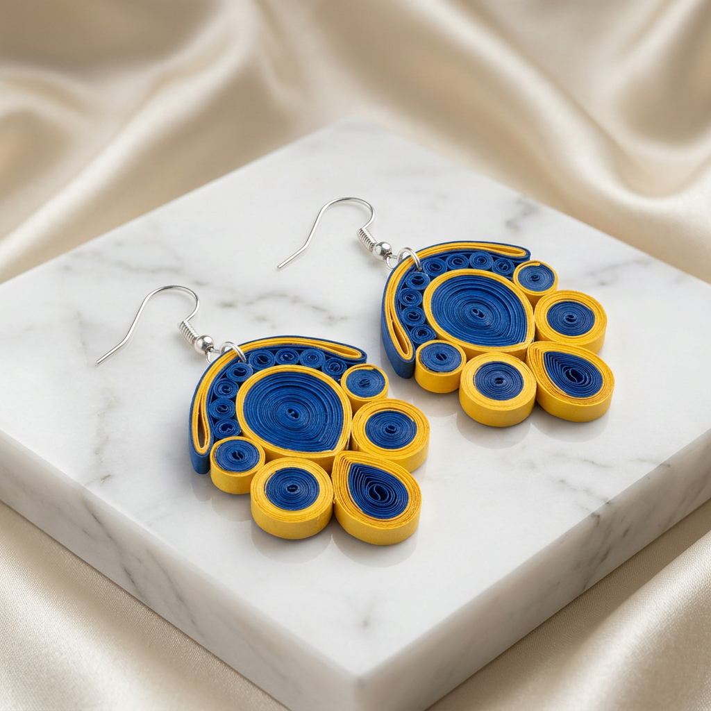 KAGDI KALA Midnight Gold Floral Petals Earrings Pack Of 1 Pair Handcrafted Paper Quilling Ethnic Fashion Jewellery Elegant Contemporary Artisan Collection Premium