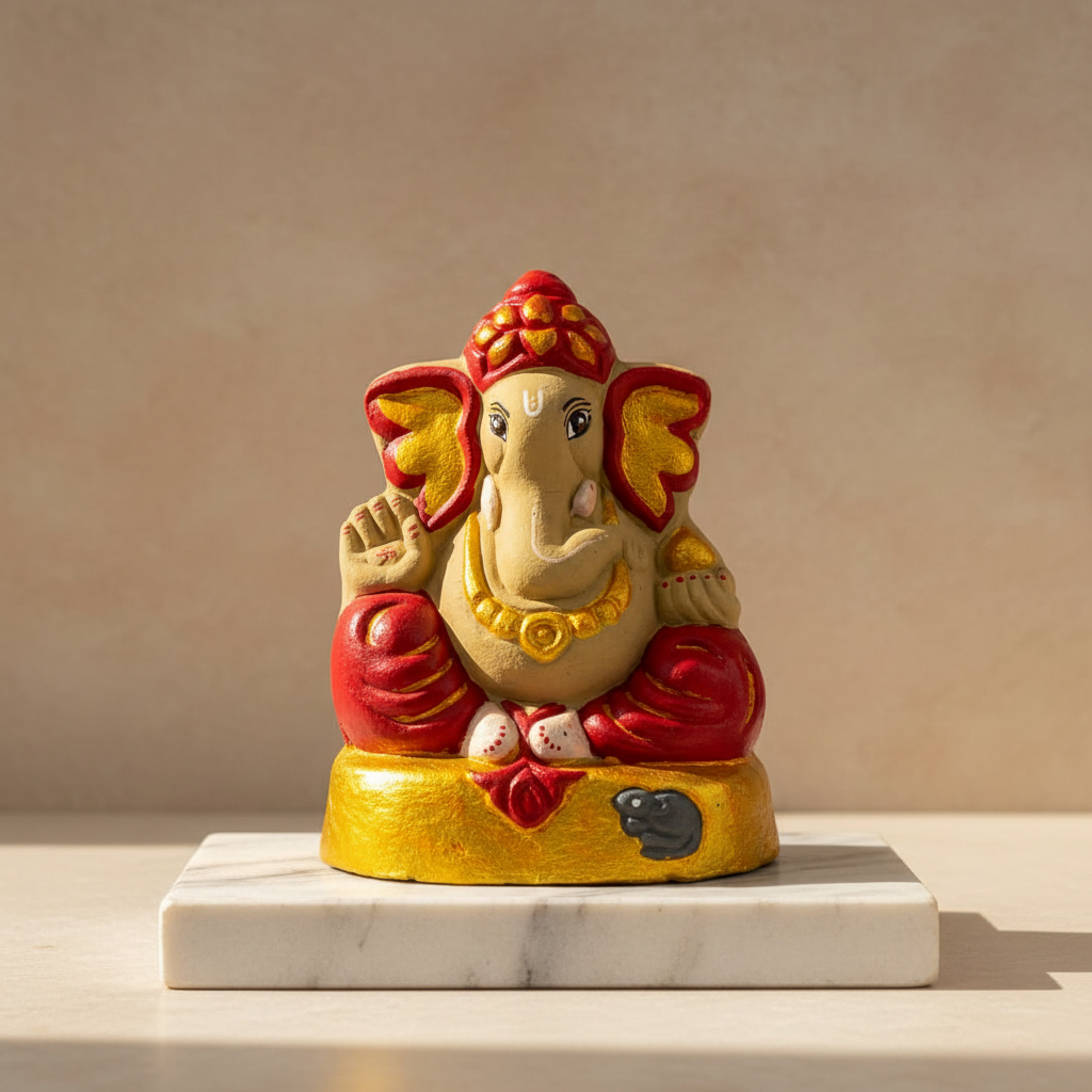 OM SAI SHG Gomai Eco-Friendly Shenacha Cow Dung Red Ganpati Statue 9 Inch Handcrafted Clay 100% Biodegradable Pack Of 1 Idol