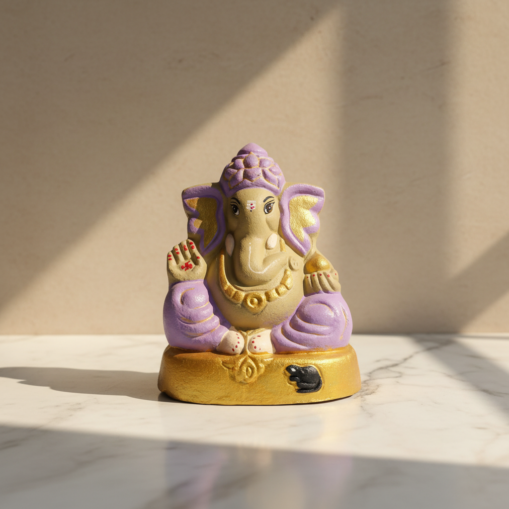 OM SAI SHG Gomai Eco-Friendly Shenacha Cow Dung Lavender Ganpati Statue 9 Inch Handcrafted Clay 100% Biodegradable Pack Of 1 - Idol