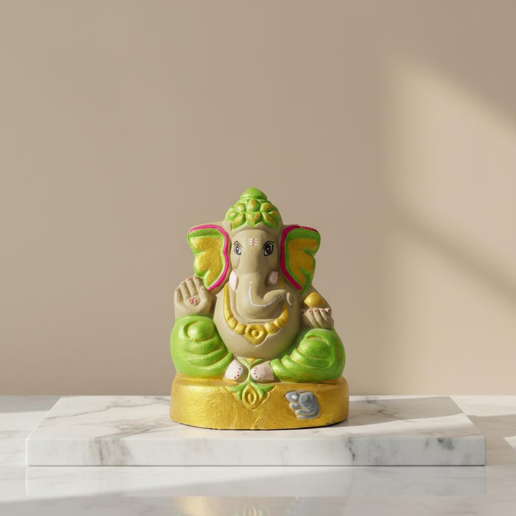 OM SAI SHG Gomai Eco-Friendly Shenacha Cow Dung Green Ganpati Statue 9 Inch Handcrafted Clay 100% Biodegradable Pack Of 1 Idol