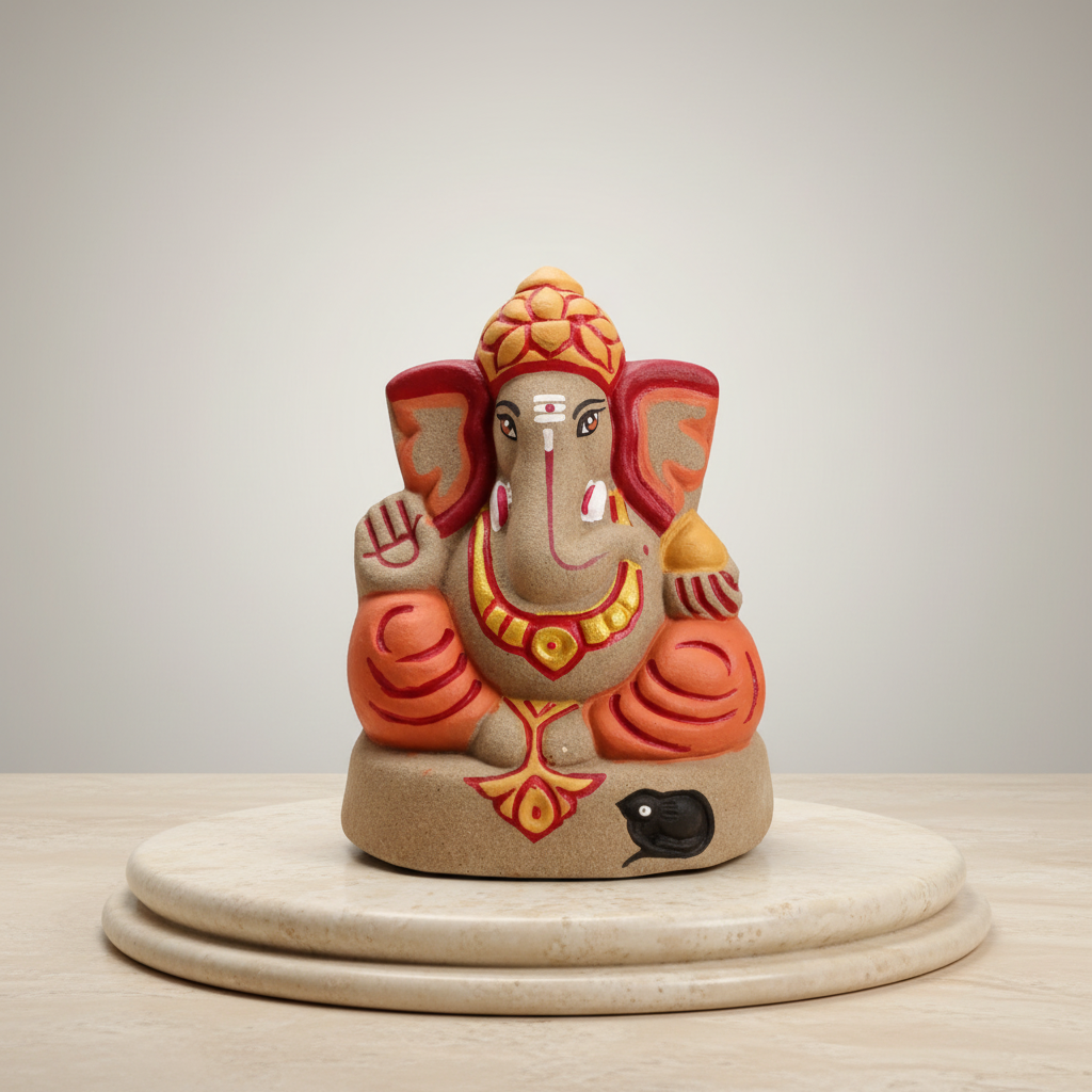 OM SAI SHG Gomai Eco-Friendly Shenacha Cow Dung Orange Ganpati Statue 9 Inch Handcrafted Clay 100% Biodegradable Pack Of 1 Idol