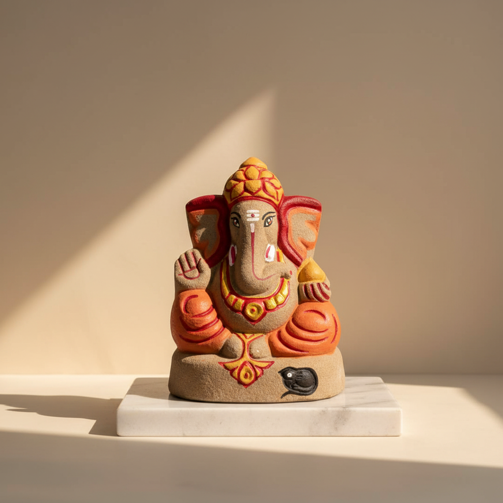 OM SAI SHG Gomai Eco-Friendly Shenacha Cow Dung Orange Ganpati Statue 9 Inch Handcrafted Clay 100% Biodegradable Pack Of 1 Idol