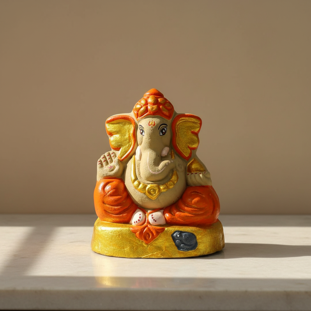 OM SAI SHG Gomai Eco-Friendly Shenacha Cow Dung Orange Gold Ganpati Statue 9 Inch Handcrafted Clay 100% Biodegradable Pack Of 1 Idol