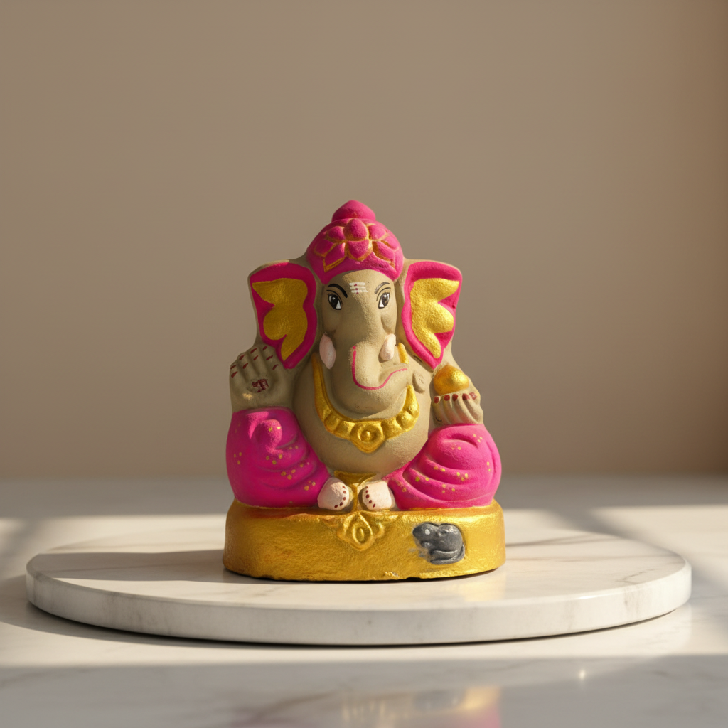 OM SAI SHG Gomai Eco-Friendly Shenacha Cow Dung Magenta Ganpati Statue 9 Inch Handcrafted Clay 100% Biodegradable Pack Of 1 Idol