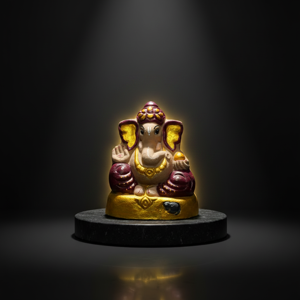 OM SAI SHG Gomai Eco-Friendly Shenacha Cow Dung Burgundy Golden Ganpati Statue 9 Inch Handcrafted Clay 100% Biodegradable Pack Of 1 Idol