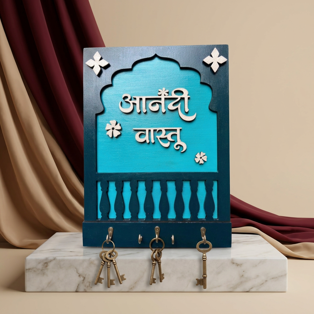 KALAWART CREATION Anand Vastu Key Holder With Multiple Hooks Turquoise Dark Blue Floral Decorative Raised Marathi Lettering Handcrafted Wall Organizer Pack Of 1