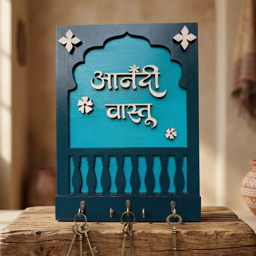 KALAWART CREATION Anand Vastu Key Holder With Multiple Hooks Turquoise Dark Blue Floral Decorative Raised Marathi Lettering Handcrafted Wall Organizer Pack Of 1