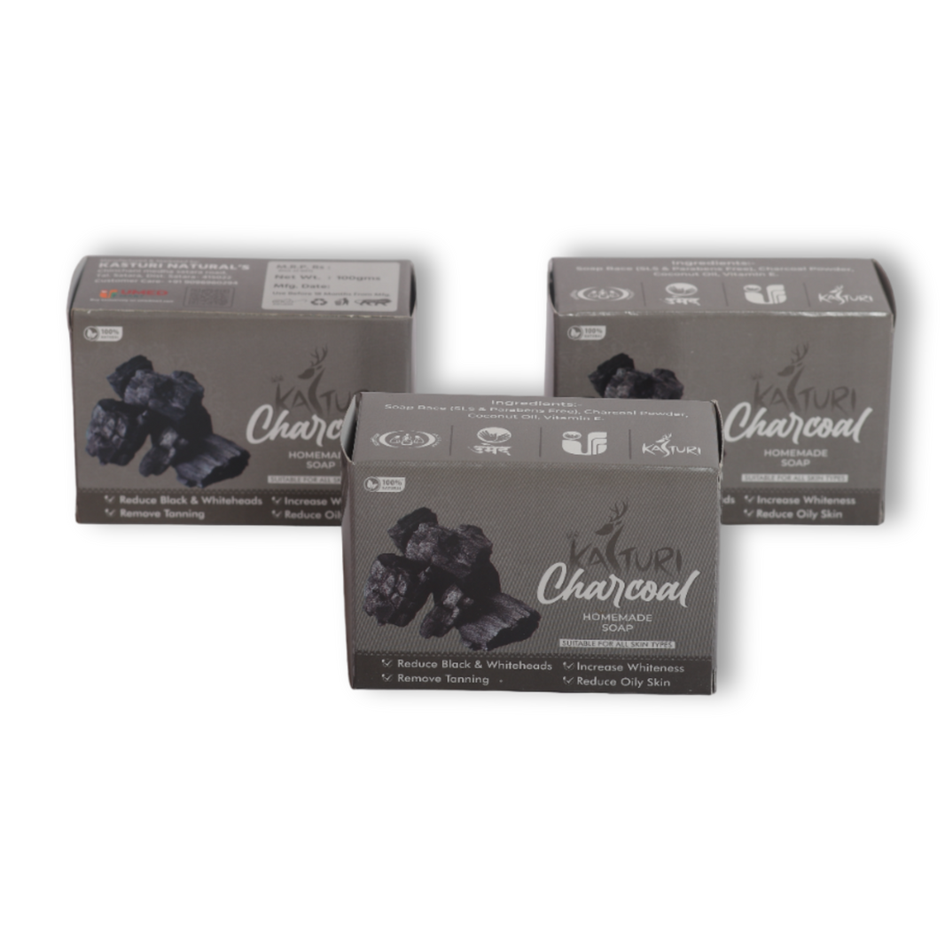 KASTURI Soap, Charcoal, Made By Natural Ingredients, No Artificial Chemical, Homemade Soap, Paraben Free, Sulphate Free, Pack of 100 gms