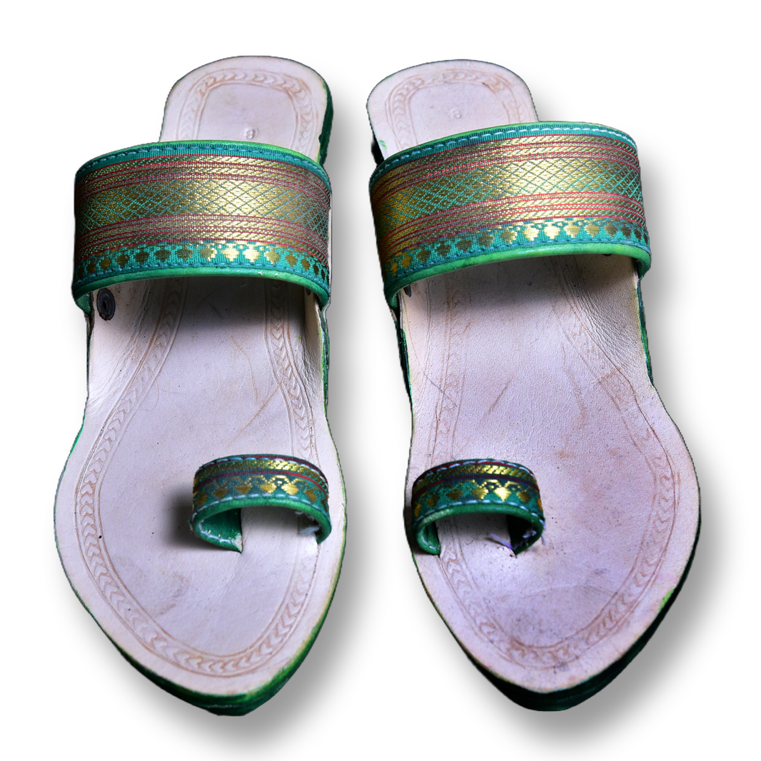 KOLHAPURI CHAPPAL, Kolhapuri Paithani Ladies Leather Footwear, Green White Colour Pack Of 1